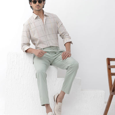 Rare Rabbit Mens Roswe Beige Full Sleeve Checks Print Cotton Blend Fabric Shirt