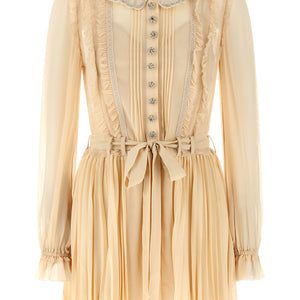 Self-Portrait Tan Pleated Georgette Mini Dress
