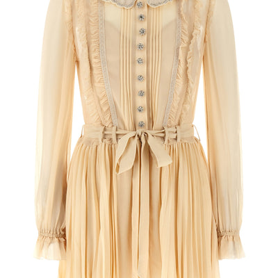 Self-Portrait Tan Pleated Georgette Mini Dress