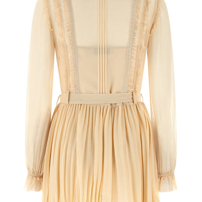 Self-Portrait Tan Pleated Georgette Mini Dress