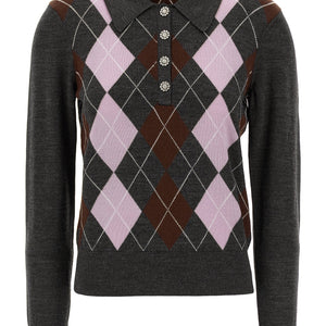 Self-Portrait Grey Argyle Lightweight Sweater