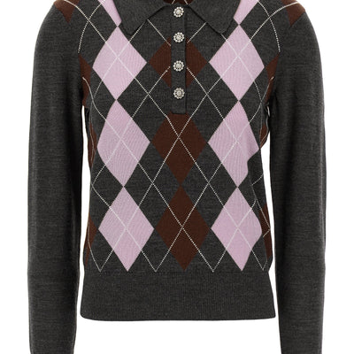 Self-Portrait Grey Argyle Lightweight Sweater