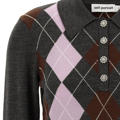 Self-Portrait Grey Argyle Lightweight Sweater