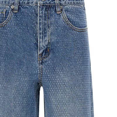 Self-Portrait Rhinestone Denim Straight Leg Jeans
