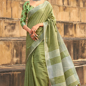 Fancifull Green Cotton Silk Saree With Majestic Blouse Piece