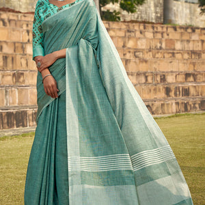 Lassitude Sea Green Cotton Silk Saree With Resplendent Blouse Piece