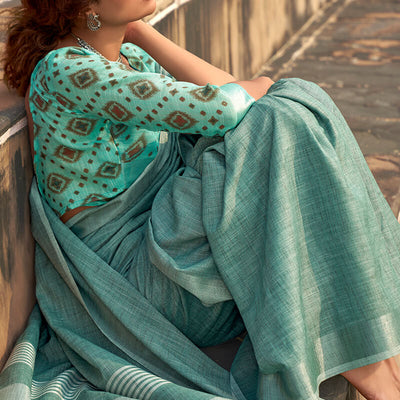 Lassitude Sea Green Cotton Silk Saree With Resplendent Blouse Piece