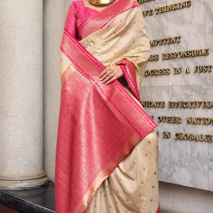 Ephemeral Beige Soft Banarasi Silk Saree With Charming Blouse Piece