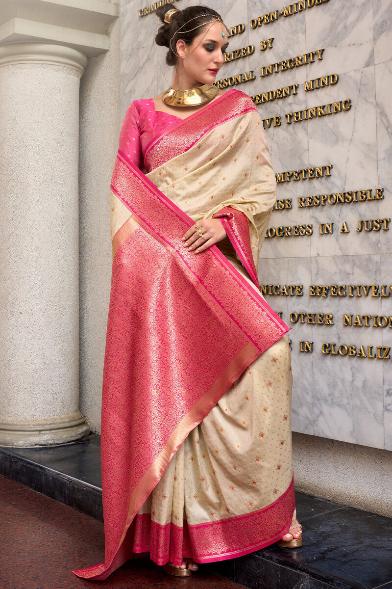 Ephemeral Beige Soft Banarasi Silk Saree With Charming Blouse Piece