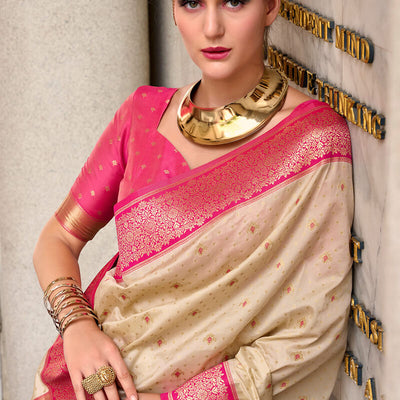 Ephemeral Beige Soft Banarasi Silk Saree With Charming Blouse Piece