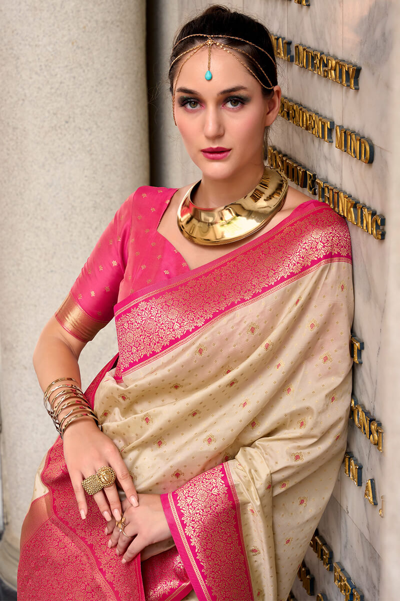 Ephemeral Beige Soft Banarasi Silk Saree With Charming Blouse Piece