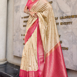 Ephemeral Beige Soft Banarasi Silk Saree With Charming Blouse Piece