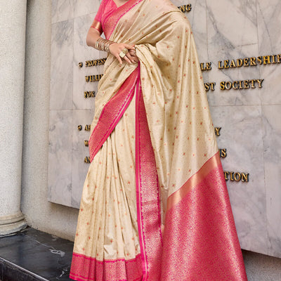 Ephemeral Beige Soft Banarasi Silk Saree With Charming Blouse Piece