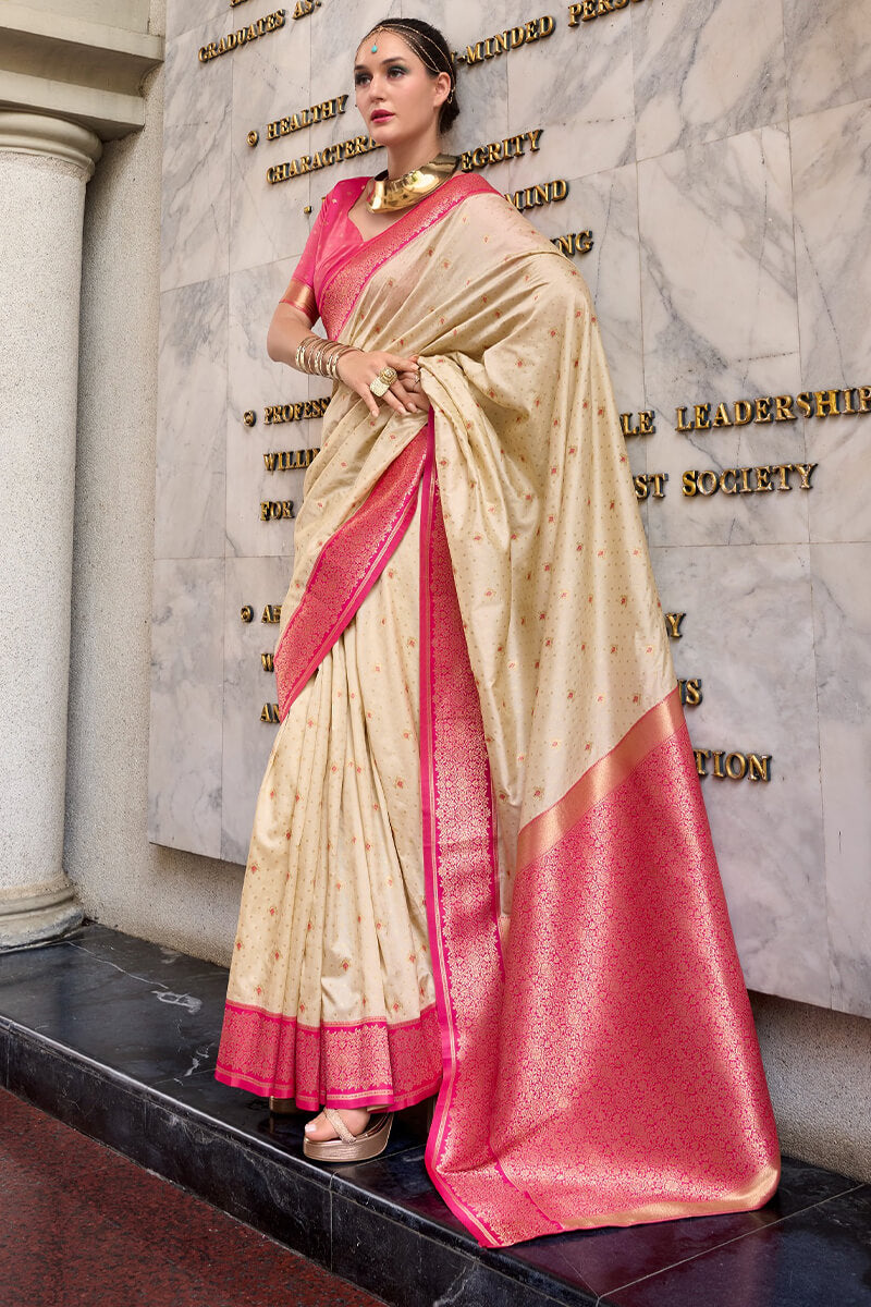 Ephemeral Beige Soft Banarasi Silk Saree With Charming Blouse Piece