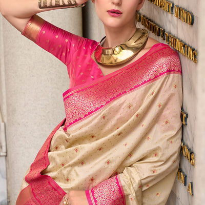 Ephemeral Beige Soft Banarasi Silk Saree With Charming Blouse Piece