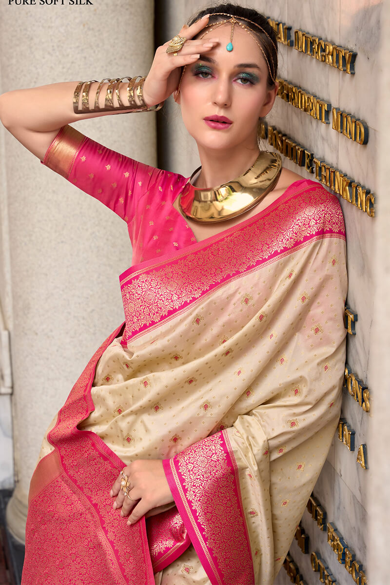 Ephemeral Beige Soft Banarasi Silk Saree With Charming Blouse Piece