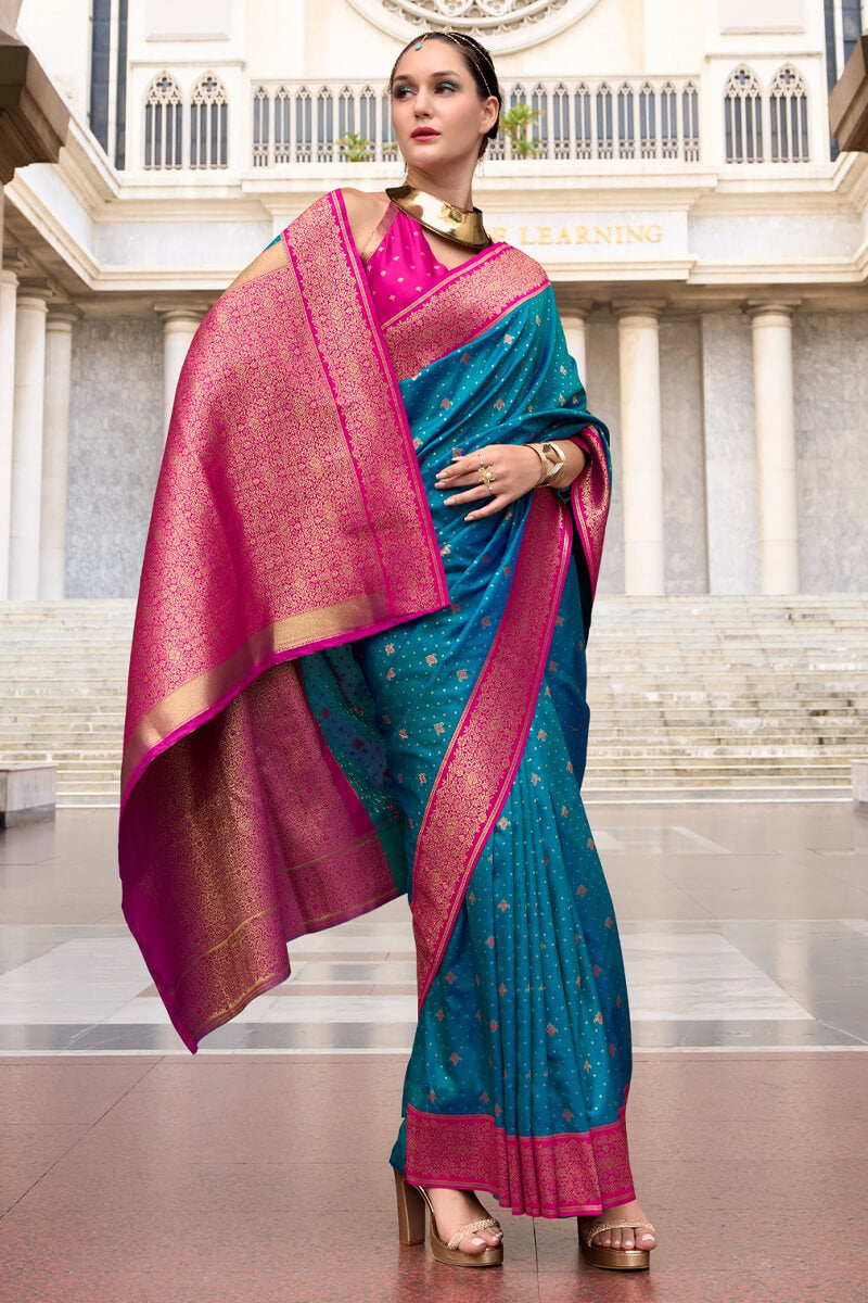Ideal Blue Soft Banarasi Silk Saree With Sensational Blouse Piece