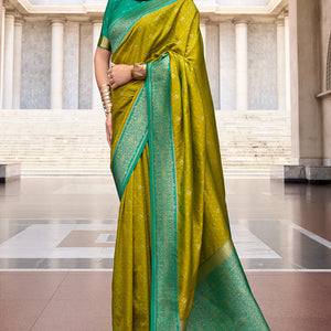 Lagniappe Mehndi Soft Banarasi Silk Saree With Staggering Blouse Piece