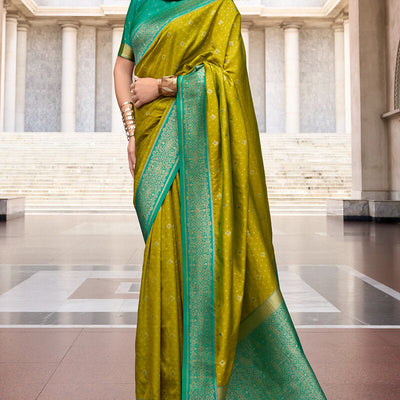 Lagniappe Mehndi Soft Banarasi Silk Saree With Staggering Blouse Piece