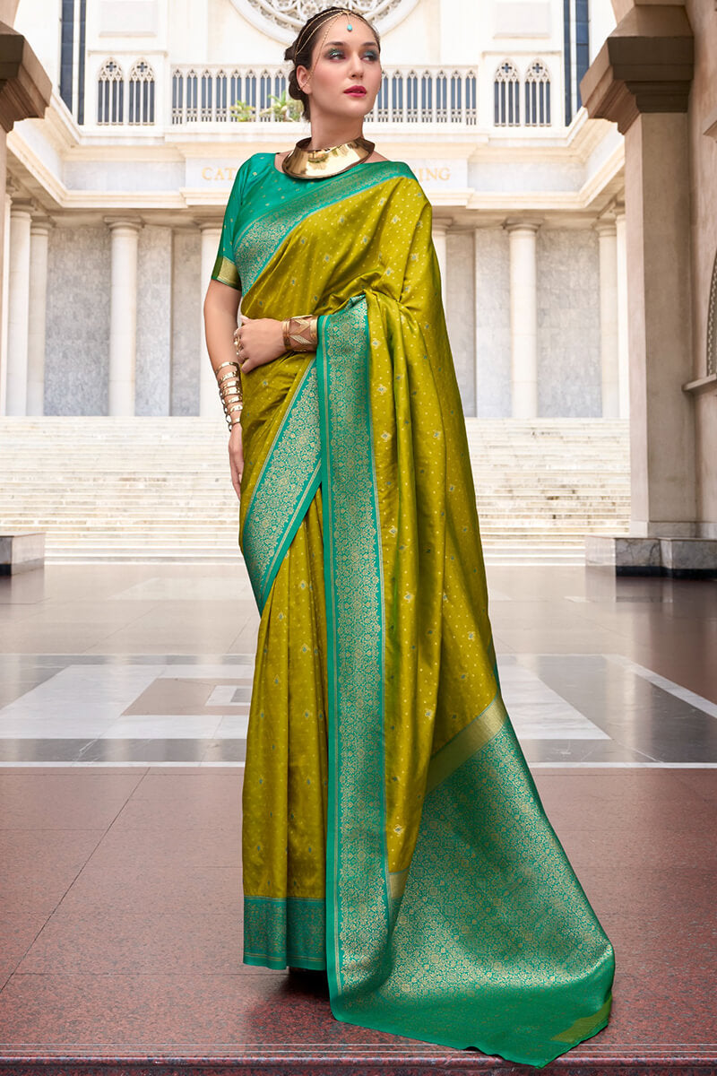 Lagniappe Mehndi Soft Banarasi Silk Saree With Staggering Blouse Piece