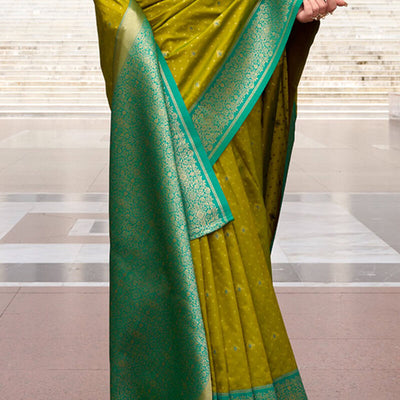 Lagniappe Mehndi Soft Banarasi Silk Saree With Staggering Blouse Piece