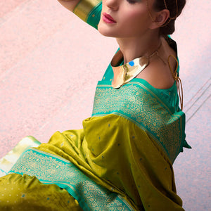 Lagniappe Mehndi Soft Banarasi Silk Saree With Staggering Blouse Piece