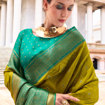 Lagniappe Mehndi Soft Banarasi Silk Saree With Staggering Blouse Piece