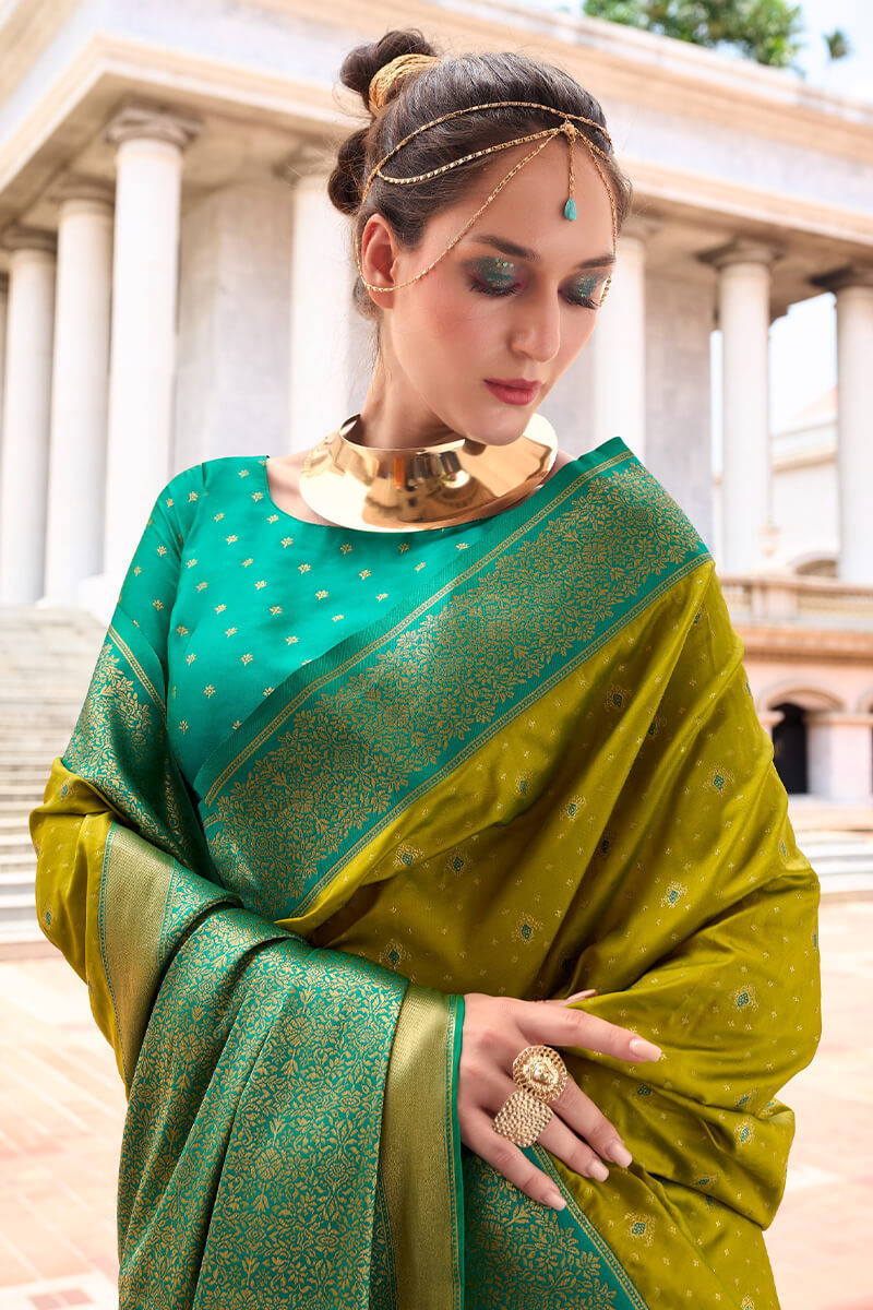 Lagniappe Mehndi Soft Banarasi Silk Saree With Staggering Blouse Piece