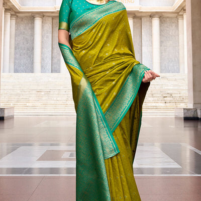 Lagniappe Mehndi Soft Banarasi Silk Saree With Staggering Blouse Piece