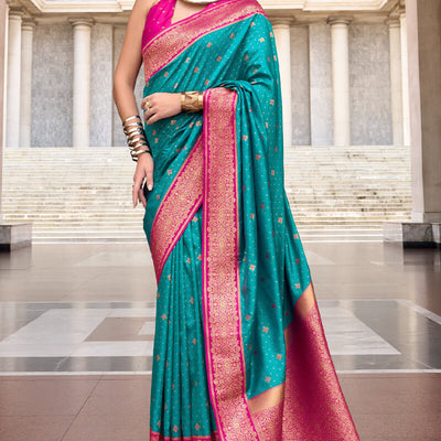 Adorable Firozi Soft Banarasi Silk Saree With Improbable Blouse Piece