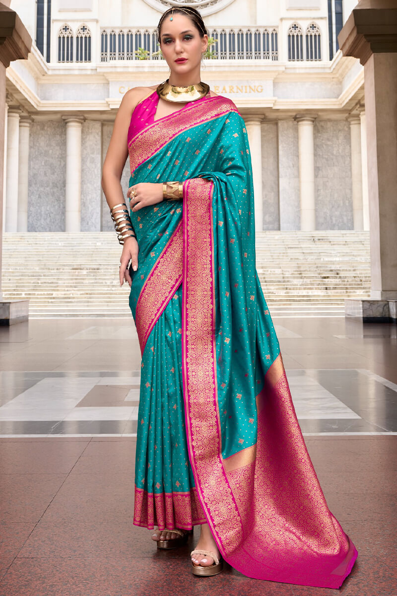 Adorable Firozi Soft Banarasi Silk Saree With Improbable Blouse Piece
