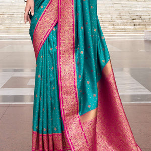 Adorable Firozi Soft Banarasi Silk Saree With Improbable Blouse Piece