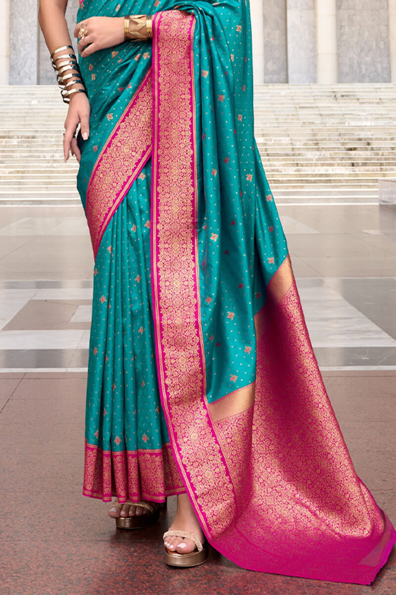 Adorable Firozi Soft Banarasi Silk Saree With Improbable Blouse Piece