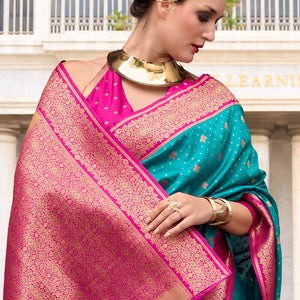 Adorable Firozi Soft Banarasi Silk Saree With Improbable Blouse Piece