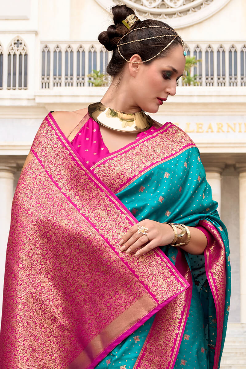 Adorable Firozi Soft Banarasi Silk Saree With Improbable Blouse Piece