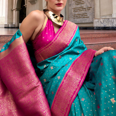 Adorable Firozi Soft Banarasi Silk Saree With Improbable Blouse Piece