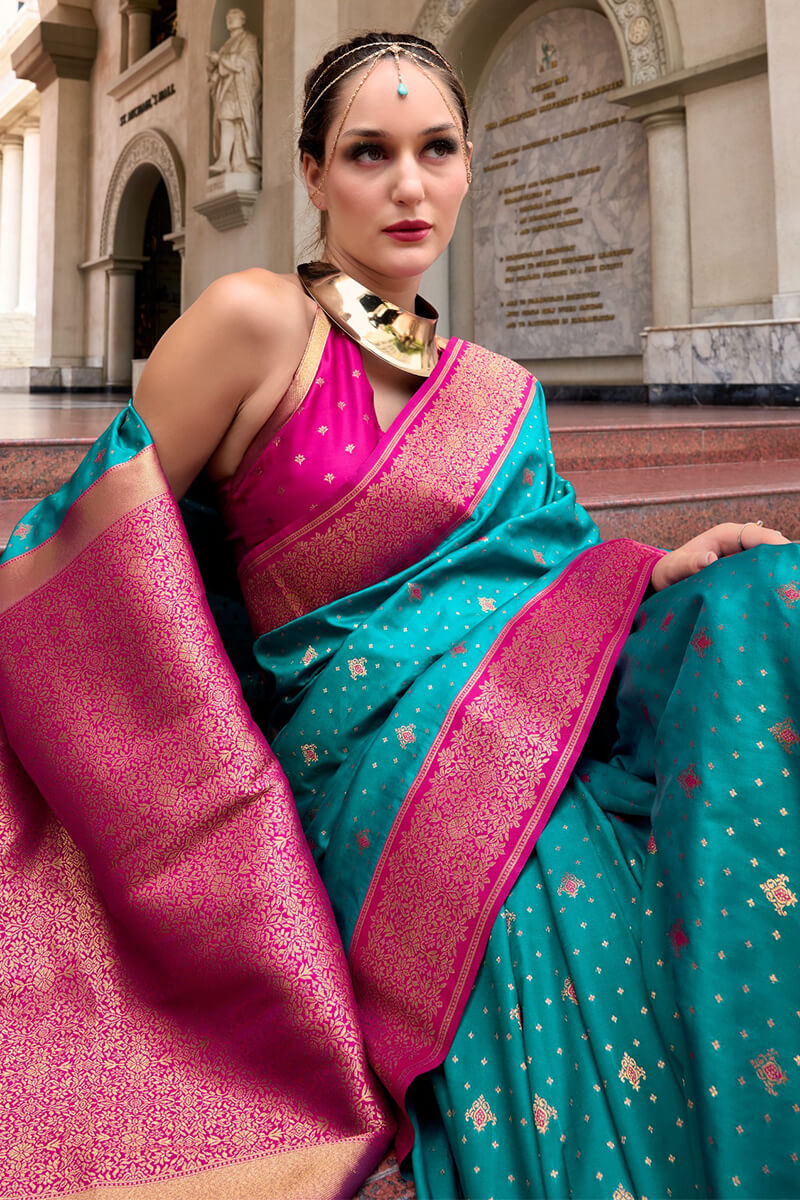 Adorable Firozi Soft Banarasi Silk Saree With Improbable Blouse Piece
