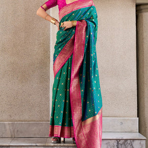 Pretty Rama Soft Banarasi Silk Saree With Intricate Blouse Piece