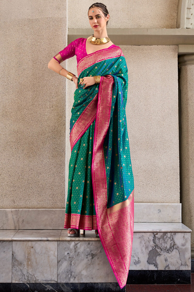 Pretty Rama Soft Banarasi Silk Saree With Intricate Blouse Piece
