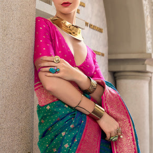 Pretty Rama Soft Banarasi Silk Saree With Intricate Blouse Piece