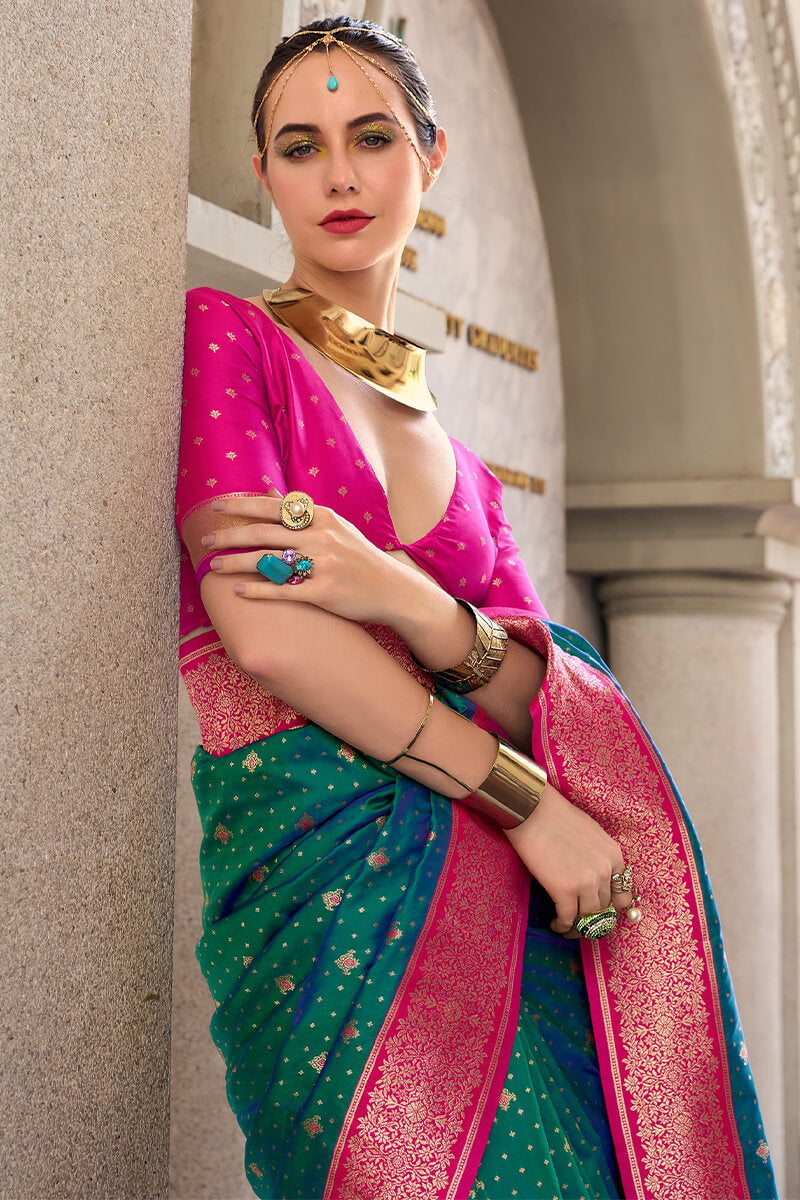 Pretty Rama Soft Banarasi Silk Saree With Intricate Blouse Piece