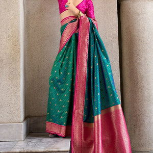 Pretty Rama Soft Banarasi Silk Saree With Intricate Blouse Piece
