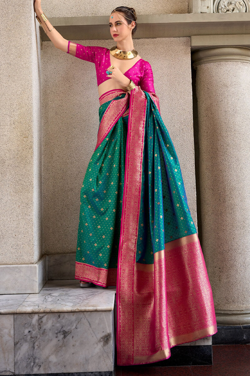 Pretty Rama Soft Banarasi Silk Saree With Intricate Blouse Piece