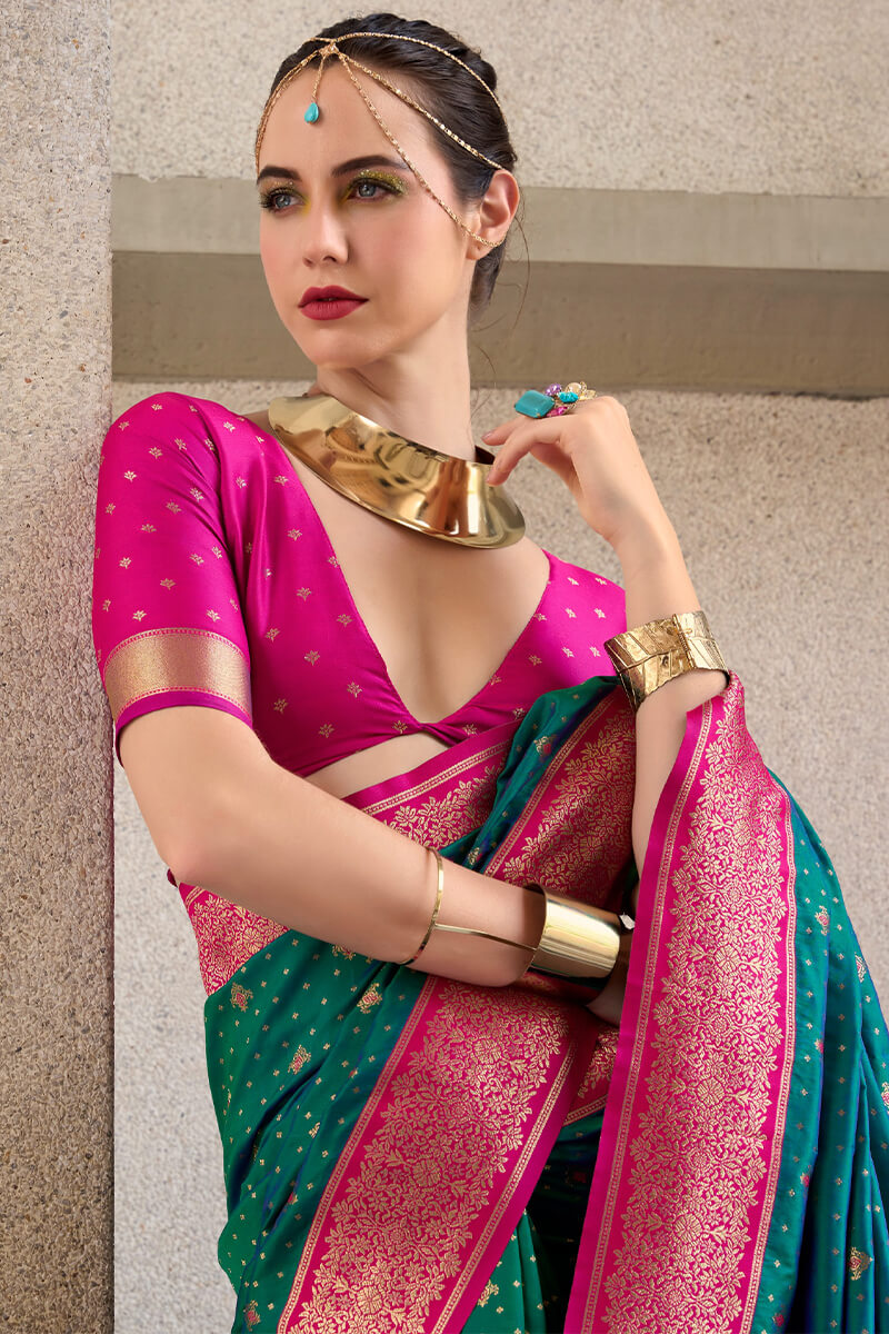 Pretty Rama Soft Banarasi Silk Saree With Intricate Blouse Piece