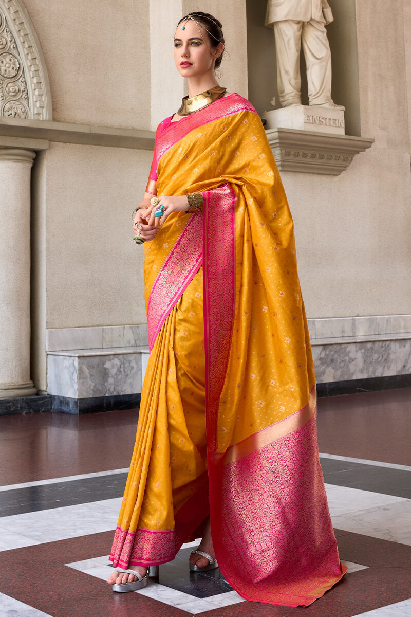 Assemblage Yellow Soft Banarasi Silk Saree With Rhapsody Blouse Piece
