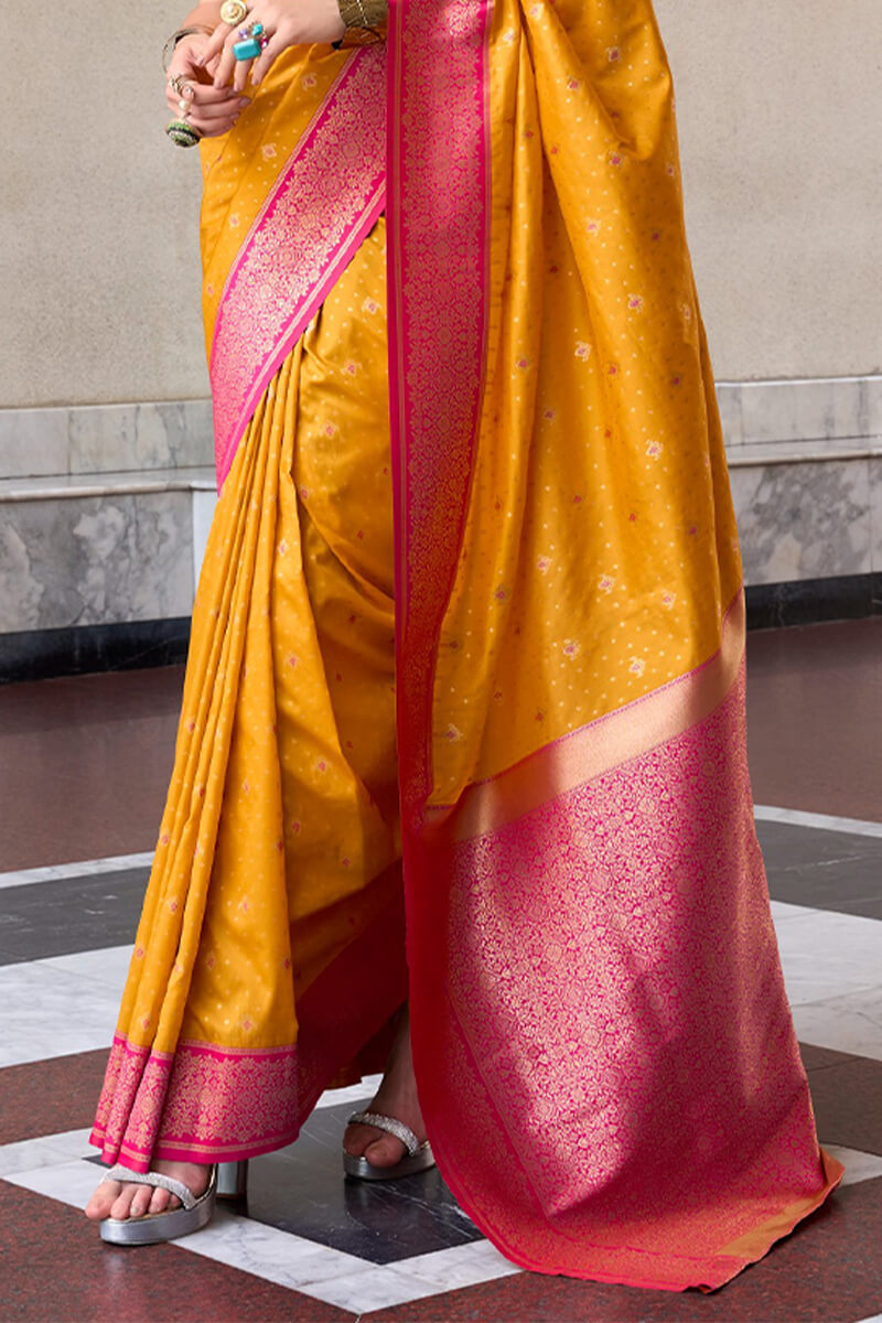 Assemblage Yellow Soft Banarasi Silk Saree With Rhapsody Blouse Piece
