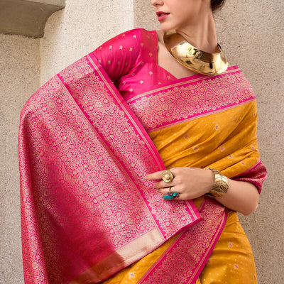 Assemblage Yellow Soft Banarasi Silk Saree With Rhapsody Blouse Piece