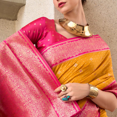 Assemblage Yellow Soft Banarasi Silk Saree With Rhapsody Blouse Piece