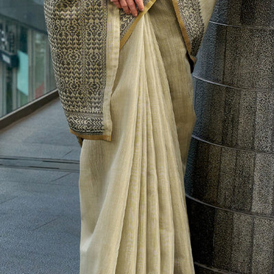 Prominent Beige Cotton Silk Saree With Twirling Blouse Piece
