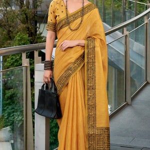 Captivating Yellow Cotton Silk Saree With Adoring Blouse Piece